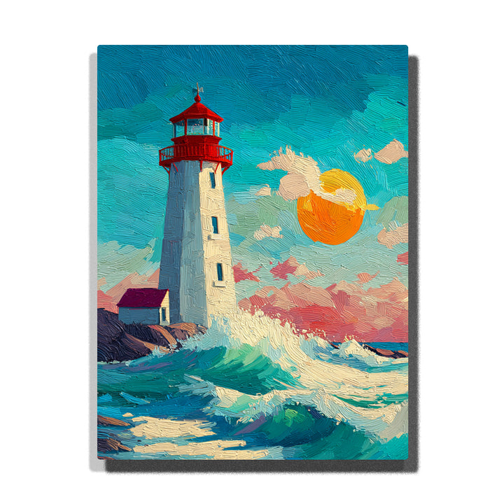 White lighthouse beside crashing blue-green waves with red roof, orange sun, turquoise sky, foamy water, and energetic coastal landscape mood, paint by numbers by PaintEasy