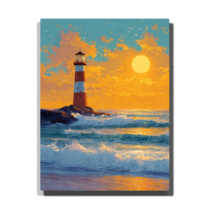 Distant striped lighthouse at golden ocean sunset with rolling blue waves, round sun, dark rocky point, warm sky glow, and calm coastal landscape mood, paint by numbers by PaintEasy