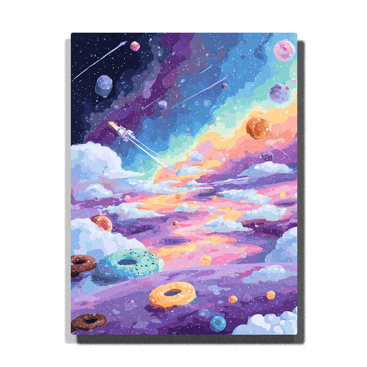 Fantasy space scene with floating donuts, pastel clouds, glowing planets, stars, and a rocket in a purple and blue candy-colored sky, Paint by Numbers kit for kids by PaintEasy.