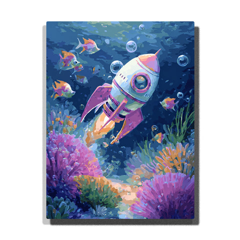 Rocket ship gliding through a coral reef underwater with tropical fish, floating bubbles, pink fins, glowing flame trail, and colorful ocean plants, paint by numbers wall art by PaintEasy