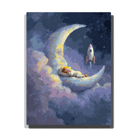 Sleeping child resting on a glowing crescent moon with tiny rocket, purple clouds, pale moonlight, red fins, and deep starry blue sky, paint by numbers wall art by PaintEasy