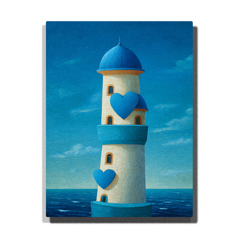 Blue heart lighthouse by calm sea with white tower, rounded blue dome roof, arched windows, clear sky, and sweet seaside story mood, paint by numbers by PaintEasy