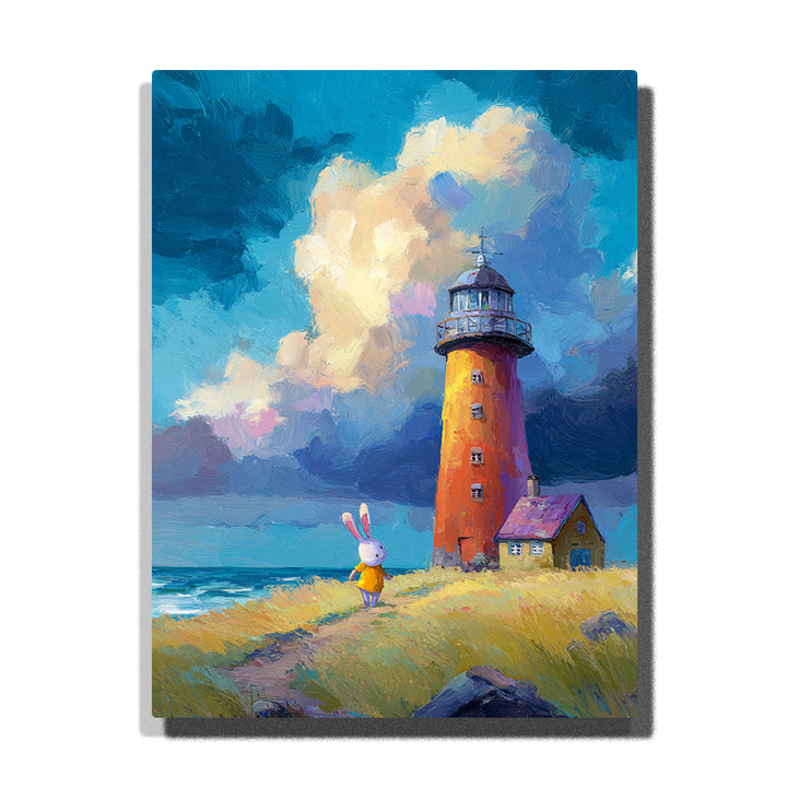 Brown lighthouse beside the sea with a little bunny on a coastal path, cottage, golden grass, dramatic cream clouds, and storybook seaside landscape mood, paint by numbers by PaintEasy