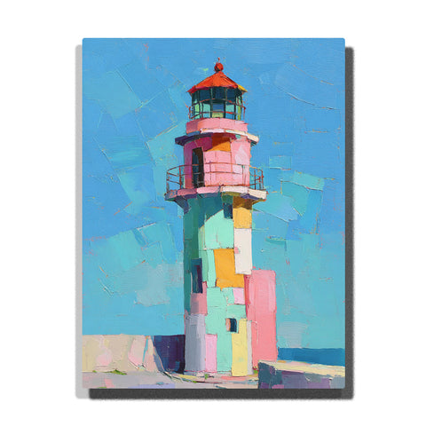 Pastel patchwork lighthouse under clear blue sky with pink, mint, yellow, and cream color blocks, red lantern roof, balcony railing, and cheerful coastal landmark mood, paint by numbers by PaintEasy