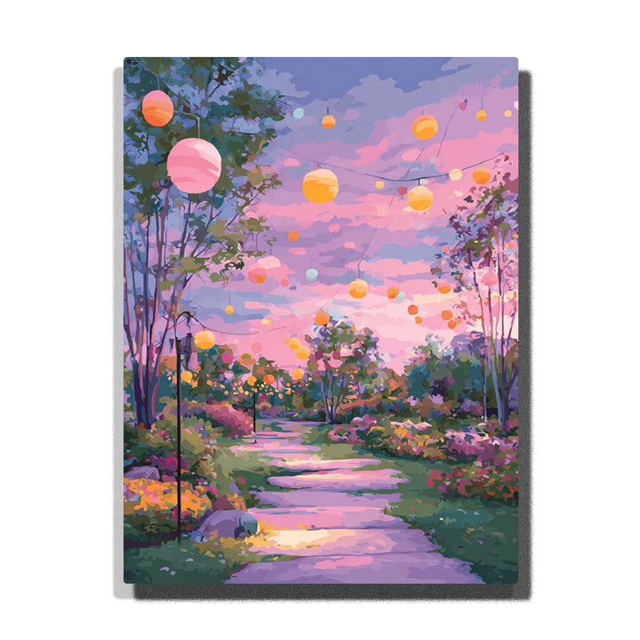 Candy lantern garden path at pink sunset with glowing yellow, peach, coral and pink round lanterns, lavender clouds, green trees, purple shadows, and soft evening light, Paint by Numbers kit for kids by PaintEasy.