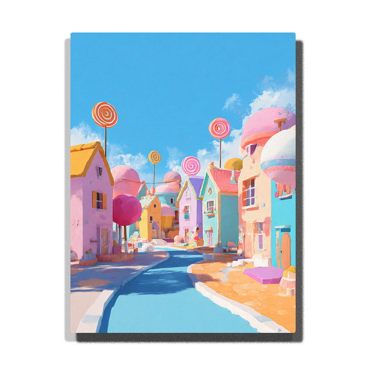 Pastel candy town with pink and mint houses, tall spiral lollipop street signs, bright blue sky, fluffy clouds, curved blue road, and sunny fantasy street details, Paint by Numbers kit for kids by PaintEasy.