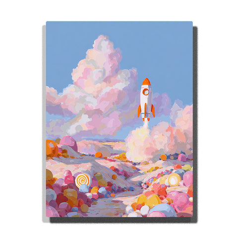 Orange-tipped rocket launching from a pastel candy valley with colorful rounded stones, fluffy peach clouds, blue sky, and glowing smoke plume, paint by numbers wall art by PaintEasy