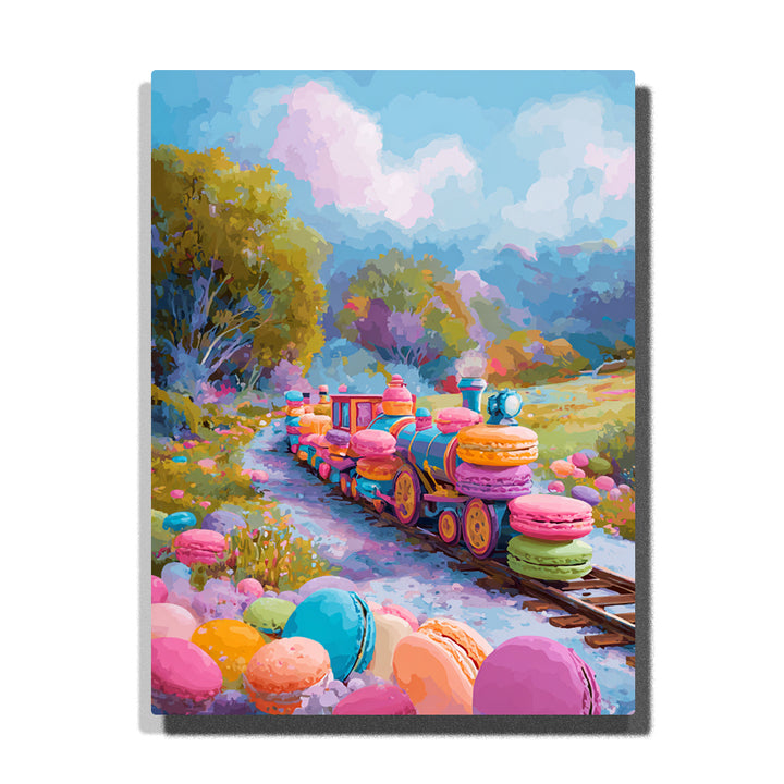 Colorful macaron candy train moving through a pastel garden, with turquoise and pink train cars, oversized macarons, green plants, blue sky, fluffy clouds, and railway track details, Paint by Numbers kit for kids by PaintEasy.