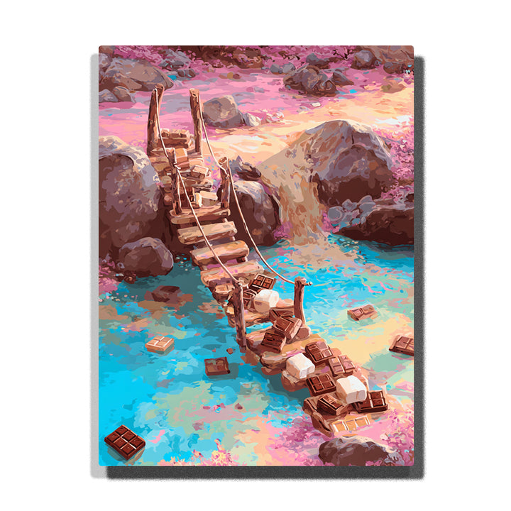 Chocolate bar bridge crossing a turquoise candy river, with marshmallow blocks, floating chocolate squares, pink candy ground, rocky banks, and a soft waterfall, Paint by Numbers kit for kids by PaintEasy.
