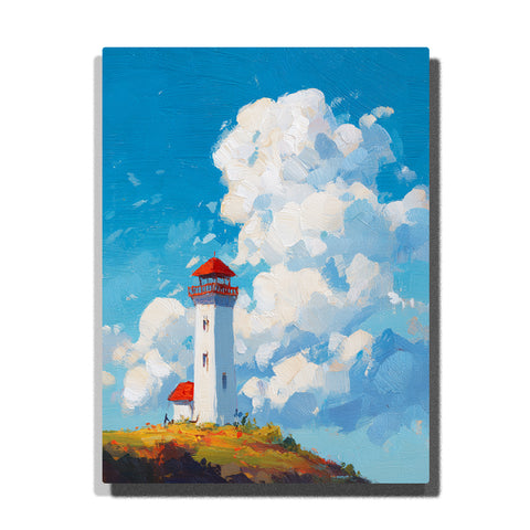 White lighthouse beneath towering white clouds with red roof, grassy coastal hill, blue sky, small side building, and bright storybook seaside mood, paint by numbers by PaintEasy