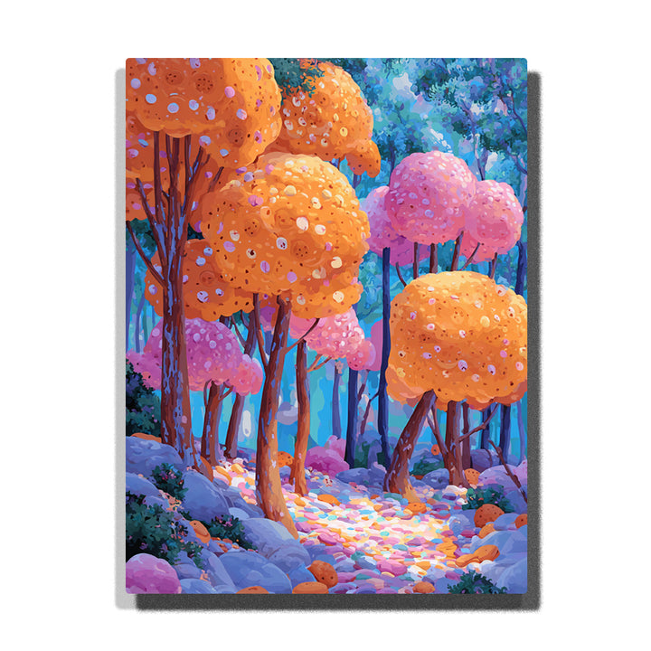 Cookie forest with round biscuit-like orange trees, pink candy trees, blue woodland background, pastel pebble path, and sweet dessert-inspired forest details, Paint by Numbers kit for kids by PaintEasy.