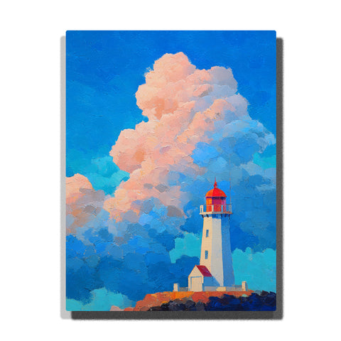 Small white lighthouse beneath towering peach cloud with red roof, deep blue sky, soft cloud shadows, low coastal buildings, and calm seaside landscape mood, paint by numbers by PaintEasy