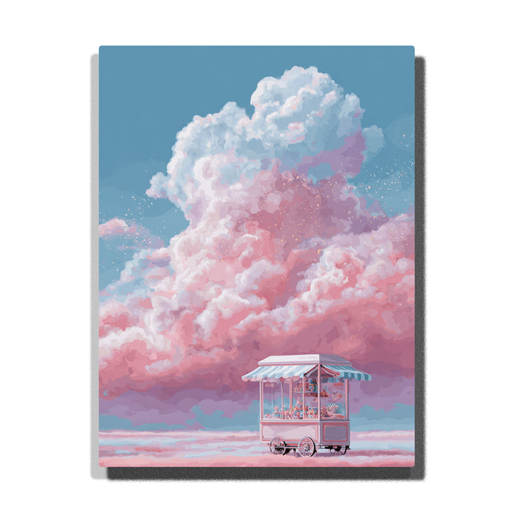Cotton candy sky with giant pink and blue clouds, tiny sparkling dots, pastel treat cart, striped canopy, candy display, and soft fantasy horizon, Paint by Numbers kit for kids by PaintEasy.