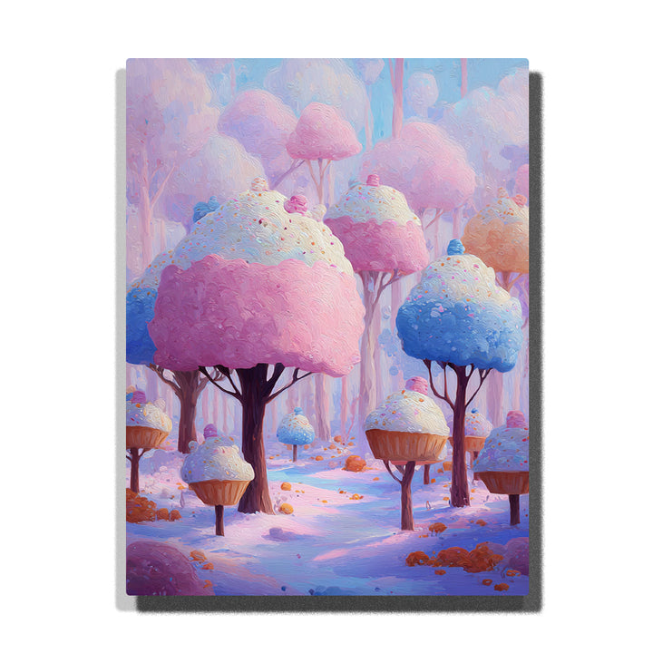 Cotton candy forest with cupcake-shaped trees, pink and blue frosting canopies, sprinkle details, pastel candy ground, lavender shadows, and misty fantasy background, Paint by Numbers kit for kids by PaintEasy.