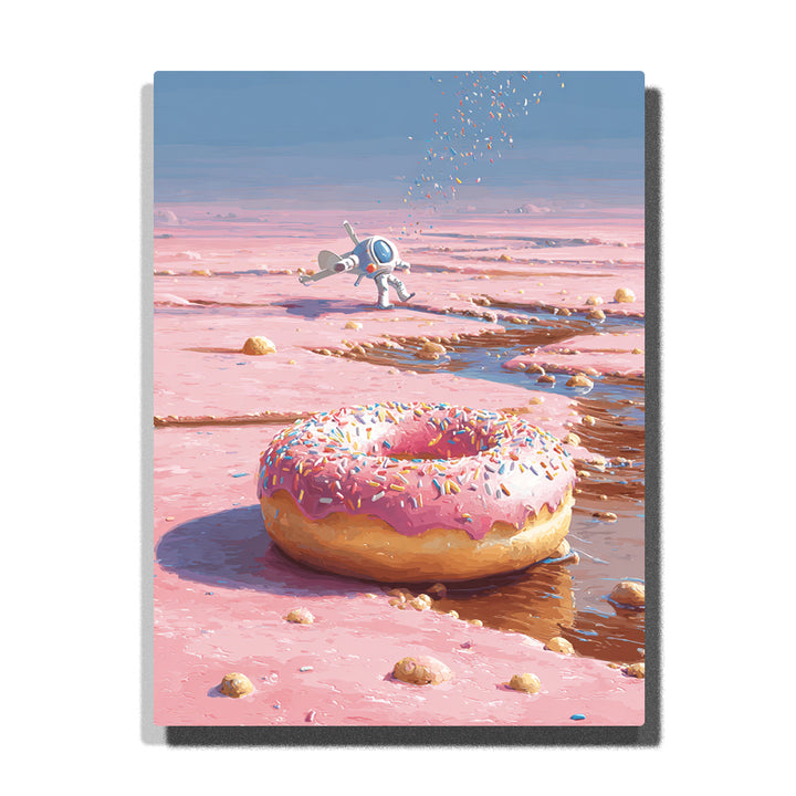 Large pink frosted donut with colorful sprinkles on a pastel candy desert, tiny astronaut figure in the distance, soft pink ground, blue shadows, and falling sprinkle details, Paint by Numbers kit for kids by PaintEasy.