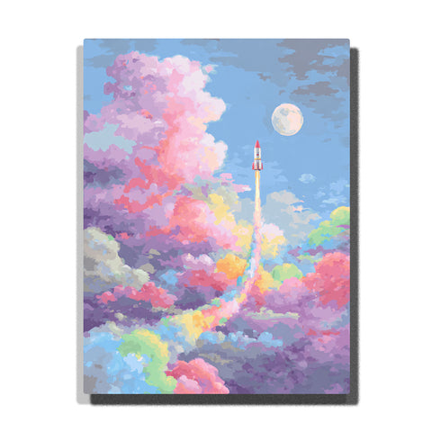 Tiny rocket rising through pastel rainbow clouds with glowing launch trail, pale full moon, blue sky, and pink-lavender cloud layers, paint by numbers wall art by PaintEasy