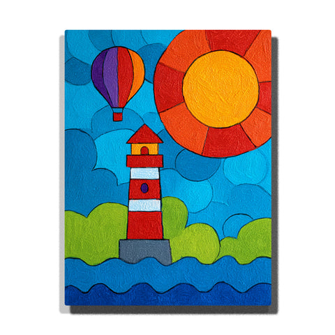 Red lighthouse with hot air balloon and giant sun, blue puzzle-like sky, green hills, simple waves, and bright storybook seaside mood, paint by numbers by PaintEasy