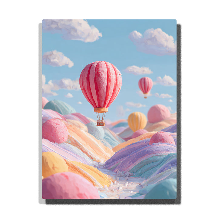 Pink striped hot air balloon floating above pastel ice cream scoop hills, with strawberry, vanilla, mint, lavender, and lemon-colored rounded hills under a blue sky, Paint by Numbers kit for kids by PaintEasy.