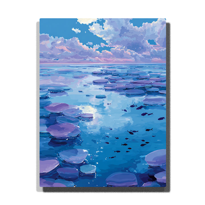 Jelly ocean with lavender floating jelly-like shapes, tiny fish under bright blue water, sparkling reflections, and a wide cloudy sky, Paint by Numbers kit for kids by PaintEasy.