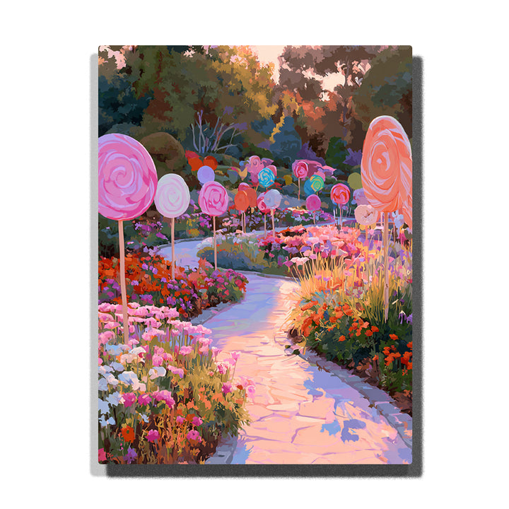 Colorful lollipop garden path with pink flowers, candy swirls, green plants, sunny trees, and a pastel walkway, Paint by Numbers kit for kids by PaintEasy.