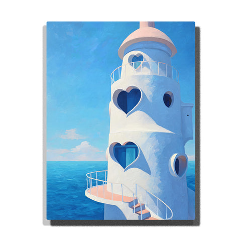 White lighthouse with blue heart windows over calm sea, curved railings, pale pink balcony, circular window, and airy pastel coastal mood, paint by numbers by PaintEasy