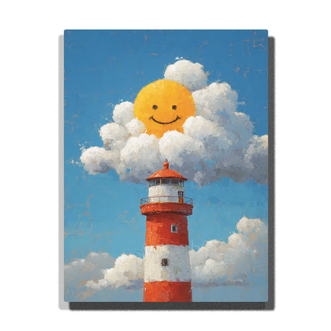 Close-up red and white lighthouse beneath a smiling yellow sun tucked in puffy clouds, blue sky, red lantern balcony, and cheerful storybook mood, paint by numbers by PaintEasy