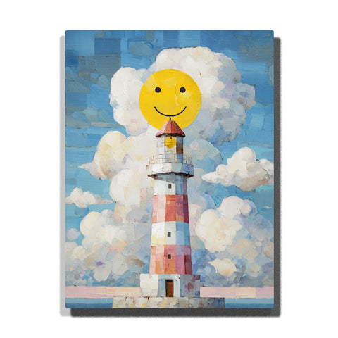 Pastel striped lighthouse beneath a smiling yellow sun with fluffy white clouds, pale blue sky, soft mosaic texture, and cheerful seaside story mood, paint by numbers by PaintEasy