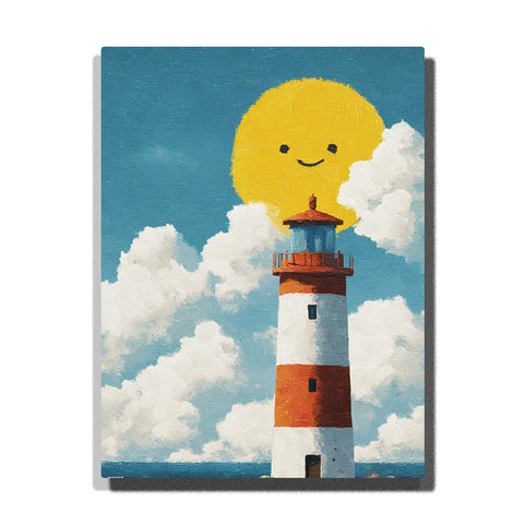 Red striped lighthouse under a smiling yellow sun with fluffy white clouds, blue sky, lantern railing, and cheerful seaside story mood, paint by numbers by PaintEasy