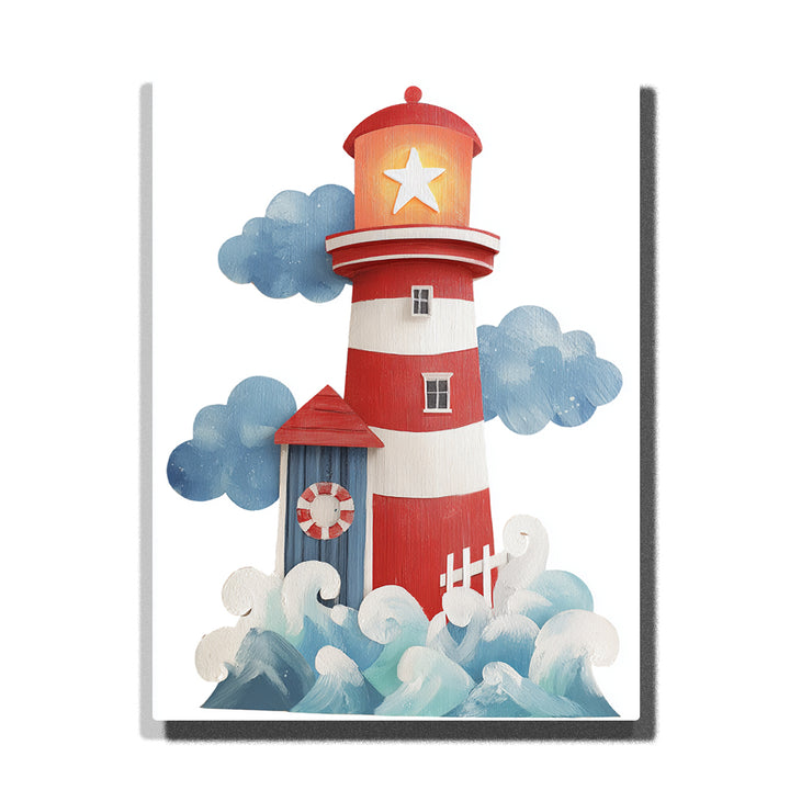 Red striped lighthouse with glowing star lantern, blue waves, fluffy clouds, small life ring house, and playful nautical seaside mood, paint by numbers by PaintEasy
