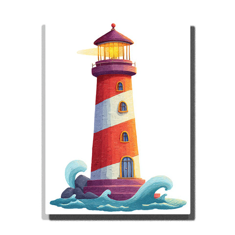 Red and white striped lighthouse with glowing lantern room, purple roof, arched windows, curling blue waves, and simple nautical landscape mood, paint by numbers by PaintEasy