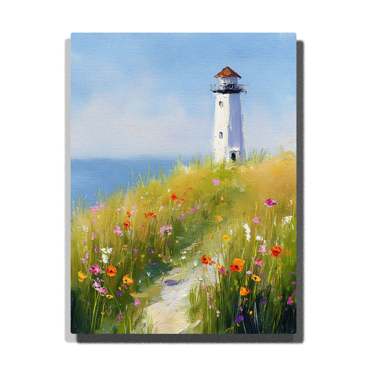 White lighthouse beyond a meadow flower path with red poppies, purple blossoms, soft green grass, pale blue sea, and gentle coastal landscape mood, paint by numbers by PaintEasy