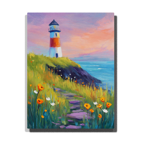 Striped lighthouse above a wildflower cliff path with orange poppies, white blossoms, grassy hillside, blue sea, and soft pastel sunset sky, paint by numbers by PaintEasy