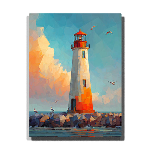 White lighthouse with orange base on rocky breakwater beneath faceted blue sky, red lantern roof, flying birds, peach clouds, and bright coastal landscape mood, paint by numbers by PaintEasy