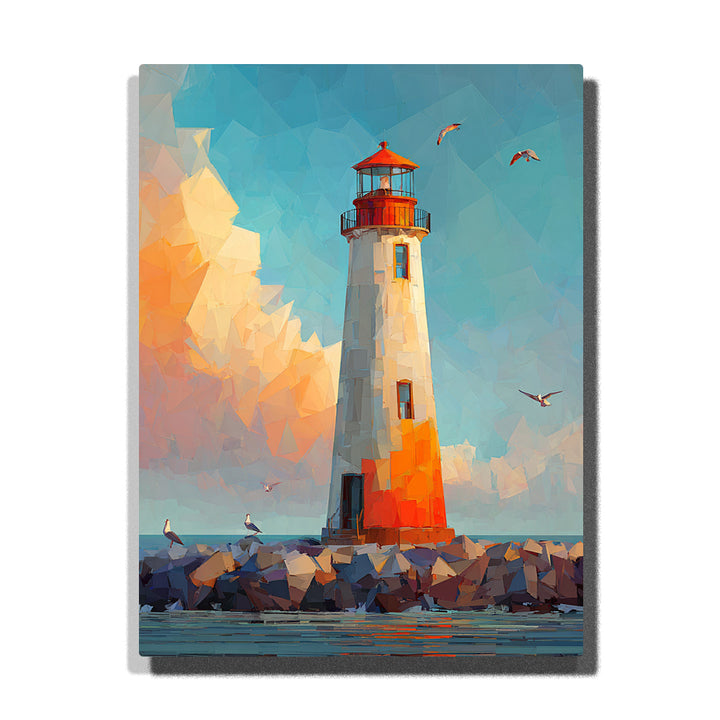 White lighthouse with orange base on rocky breakwater beneath faceted blue sky, red lantern roof, flying birds, peach clouds, and bright coastal landscape mood, paint by numbers by PaintEasy