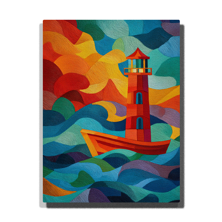 Red lighthouse boat among layered rainbow waves with curved teal, orange, yellow, purple, and blue color bands, bold abstract seaside mood, paint by numbers by PaintEasy