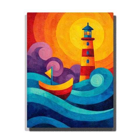Red striped lighthouse with sailboat under a golden sun, rolling blue waves, purple spiral clouds, orange sunset sky, and cheerful seaside landscape mood, paint by numbers by PaintEasy