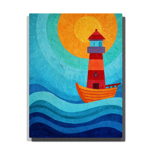 Striped lighthouse on an orange boat over layered blue waves with a large golden sun, simple storybook shapes, and cheerful seaside landscape mood, paint by numbers by PaintEasy