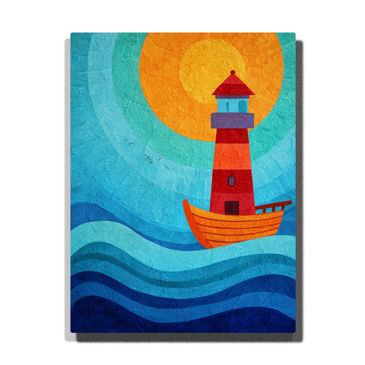 Striped lighthouse on an orange boat over layered blue waves with a large golden sun, simple storybook shapes, and cheerful seaside landscape mood, paint by numbers by PaintEasy