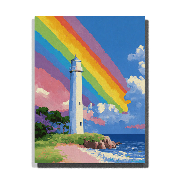 White lighthouse beneath a bold diagonal rainbow with blue ocean waves, green coastal cliff, rocky shore, open sky, and bright seaside landscape mood, paint by numbers by PaintEasy