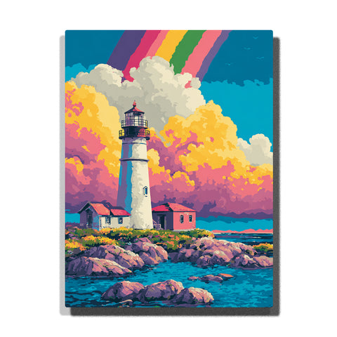 White lighthouse on rocky shore beneath a corner rainbow, golden-yellow cloud banks, coral-pink sky glow, turquoise sea, red-roofed buildings, and vivid coastal landscape mood, paint by numbers by PaintEasy