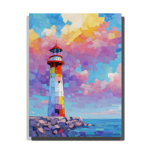 Patch panel lighthouse under pastel mosaic sky with colorful tower blocks, rocky shore, calm blue water, and bright seaside landscape mood, paint by numbers by PaintEasy