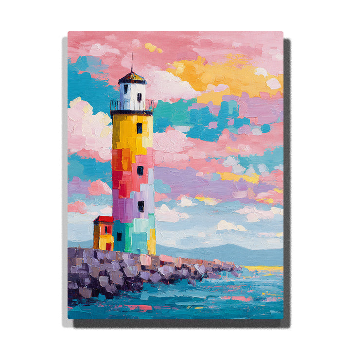 Patchwork lighthouse by turquoise sea with colorful tower blocks, pink and yellow clouds, rocky shore, small red-roofed building, and playful coastal landscape mood, paint by numbers by PaintEasy