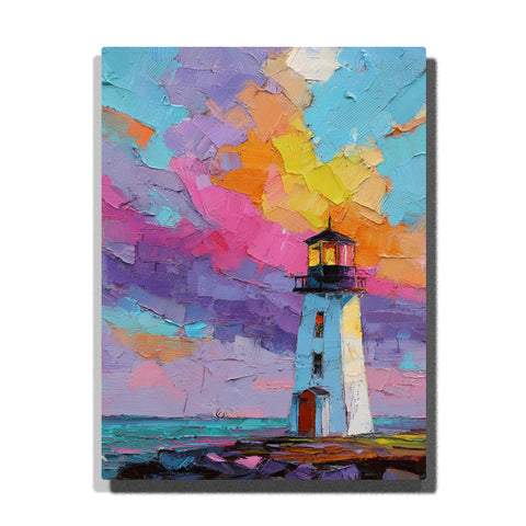 White lighthouse under chunky rainbow cloud sky with low ocean horizon, dark rocky shore, bright color-block clouds, and bold seaside landscape mood, paint by numbers by PaintEasy
