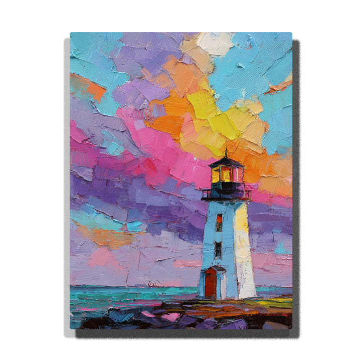 White lighthouse under chunky rainbow cloud sky with low ocean horizon, dark rocky shore, bright color-block clouds, and bold seaside landscape mood, paint by numbers by PaintEasy