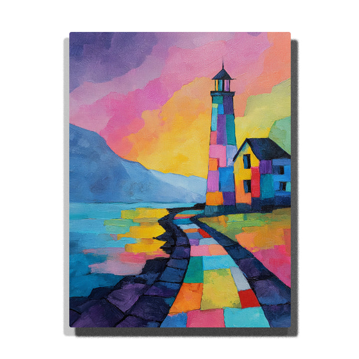 Color block lighthouse beside rainbow shore path with calm blue water, pastel mountains, small house, sunset sky, and bright modern landscape mood, paint by numbers by PaintEasy