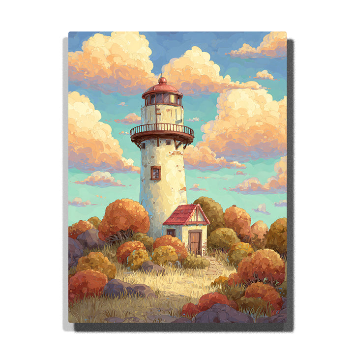 Round lighthouse beneath cotton cloud sky with warm shrubs, dry meadow grass, red roof details, and sunny storybook landscape mood, paint by numbers by PaintEasy