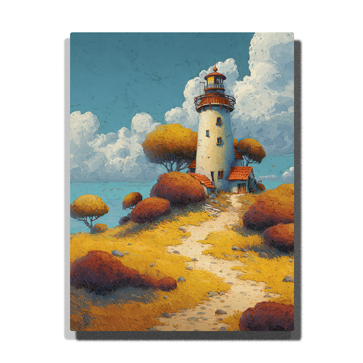 White lighthouse on a golden coastal path with rust-red shrubs, blue sea, soft clouds, autumn trees, and sunny seaside landscape mood, paint by numbers by PaintEasy