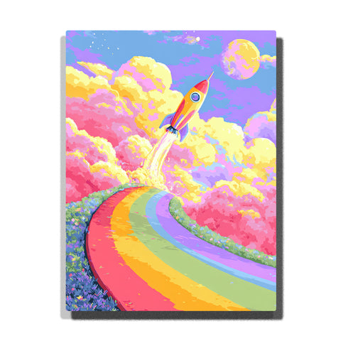 Rocket launching from a curved rainbow road into candy-colored clouds with pink nose, yellow body, moon, flower-like fields, and pastel sky, paint by numbers wall art by PaintEasy