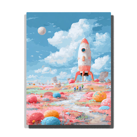 Coral-tipped rocket launching from pastel planet field with fluffy white clouds, moon, tiny explorer figures, colorful stones, and blue sky, paint by numbers wall art by PaintEasy