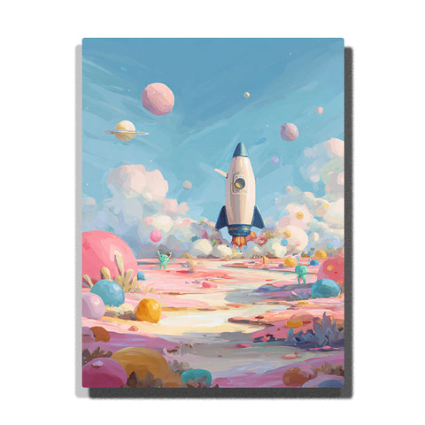 Blue-nosed rocket lifting off from a pastel candy planet landscape with floating planets, fluffy clouds, colorful stones, and soft sky, paint by numbers wall art by PaintEasy